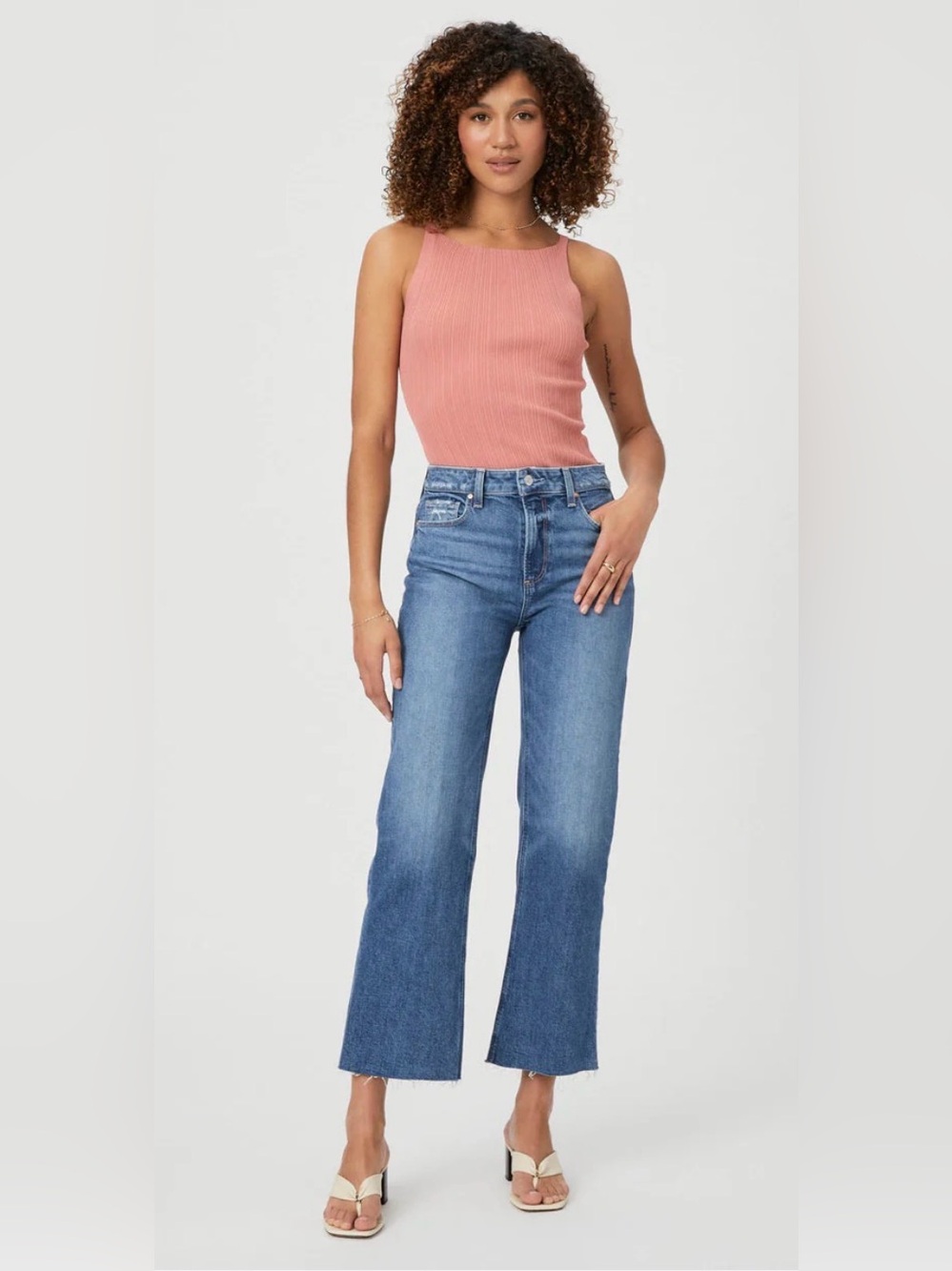 PAIGE Leenah Ankle Raw Hem- Poet-High-Rise Wide-Leg Blue Jeans - Classic Denim